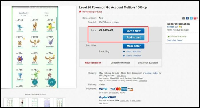 Pokemon go accounts sold on ebay